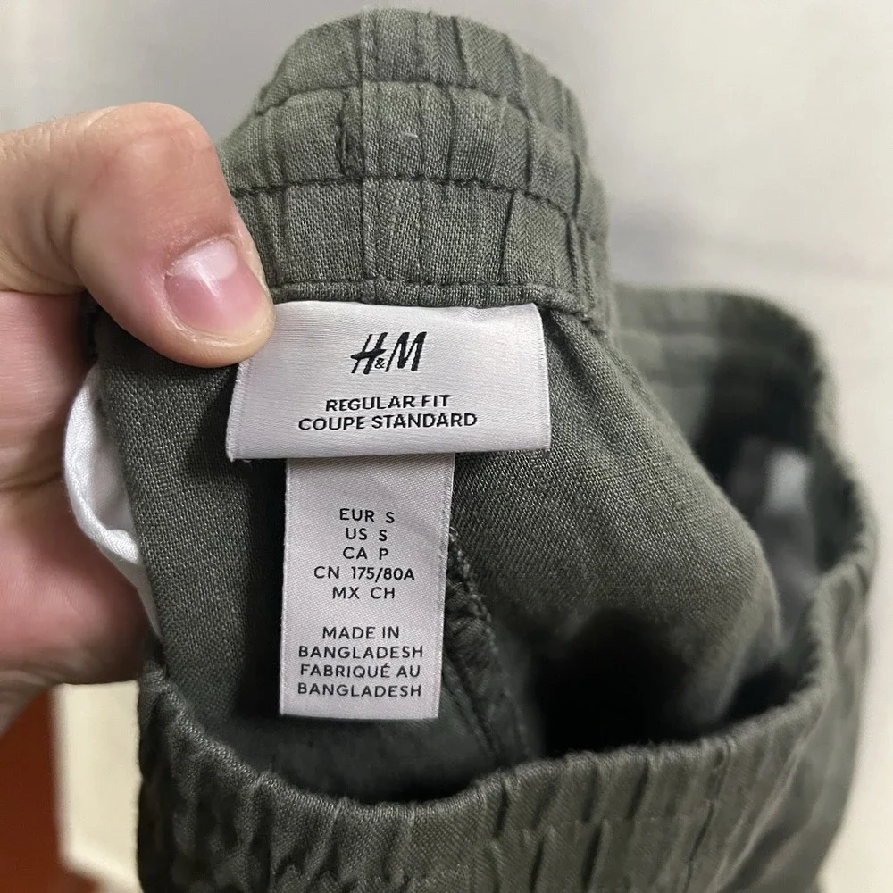 H&M Pants Women's Size XS Green 100% Linen Straight Leg Drawstring